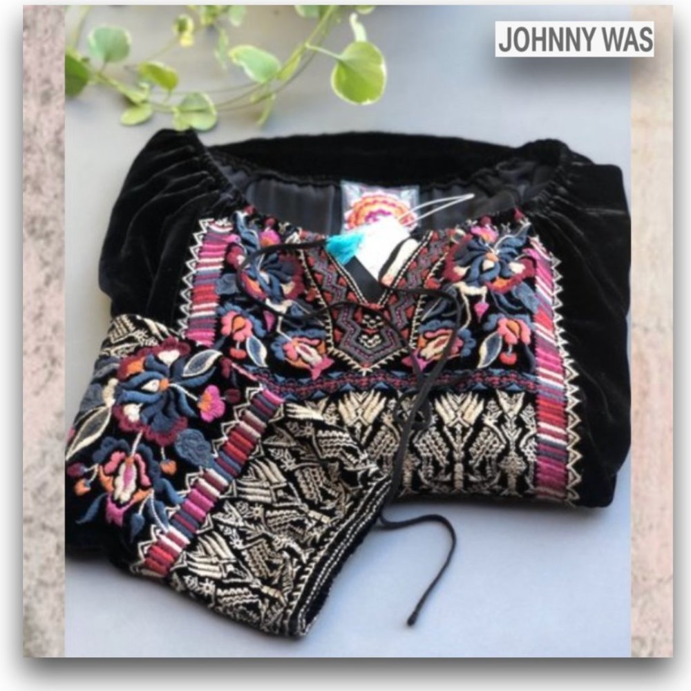 SOLD JOHNNY WAS CLAUDE VELVET PEASANT BLOUSE - Picture 2 of 6